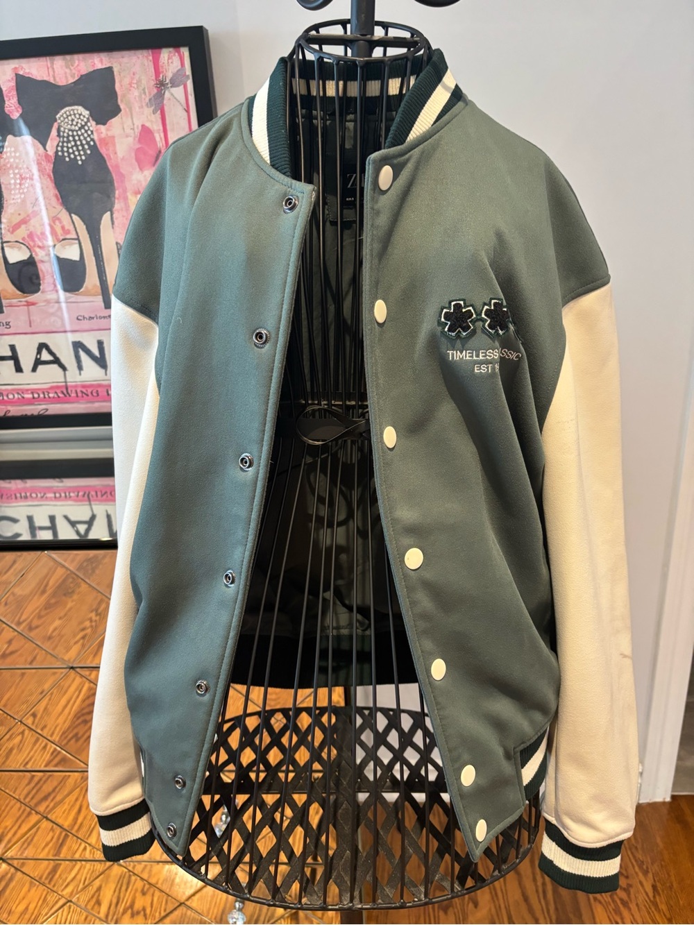 Zara Green and Cream Varsity Jacket with Embroidered Detail